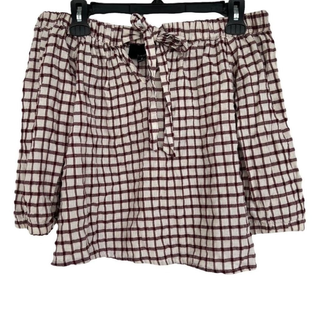 Lumière cotton/linen blend off-the-shoulder gingham tie-front top